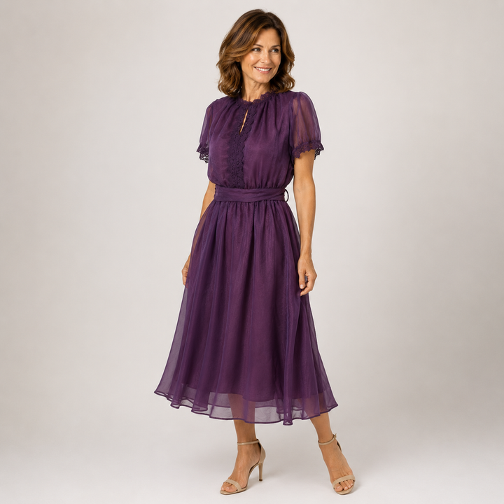 Flavia | Maxi Abito con Scollatura a Goccia e Bordo in Pizzo Chiffon