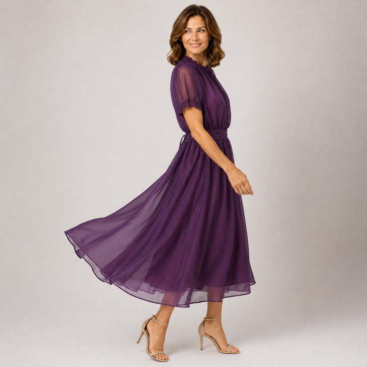 Flavia | Maxi Abito con Scollatura a Goccia e Bordo in Pizzo Chiffon
