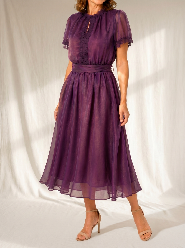 Flavia | Maxi Abito con Scollatura a Goccia e Bordo in Pizzo Chiffon